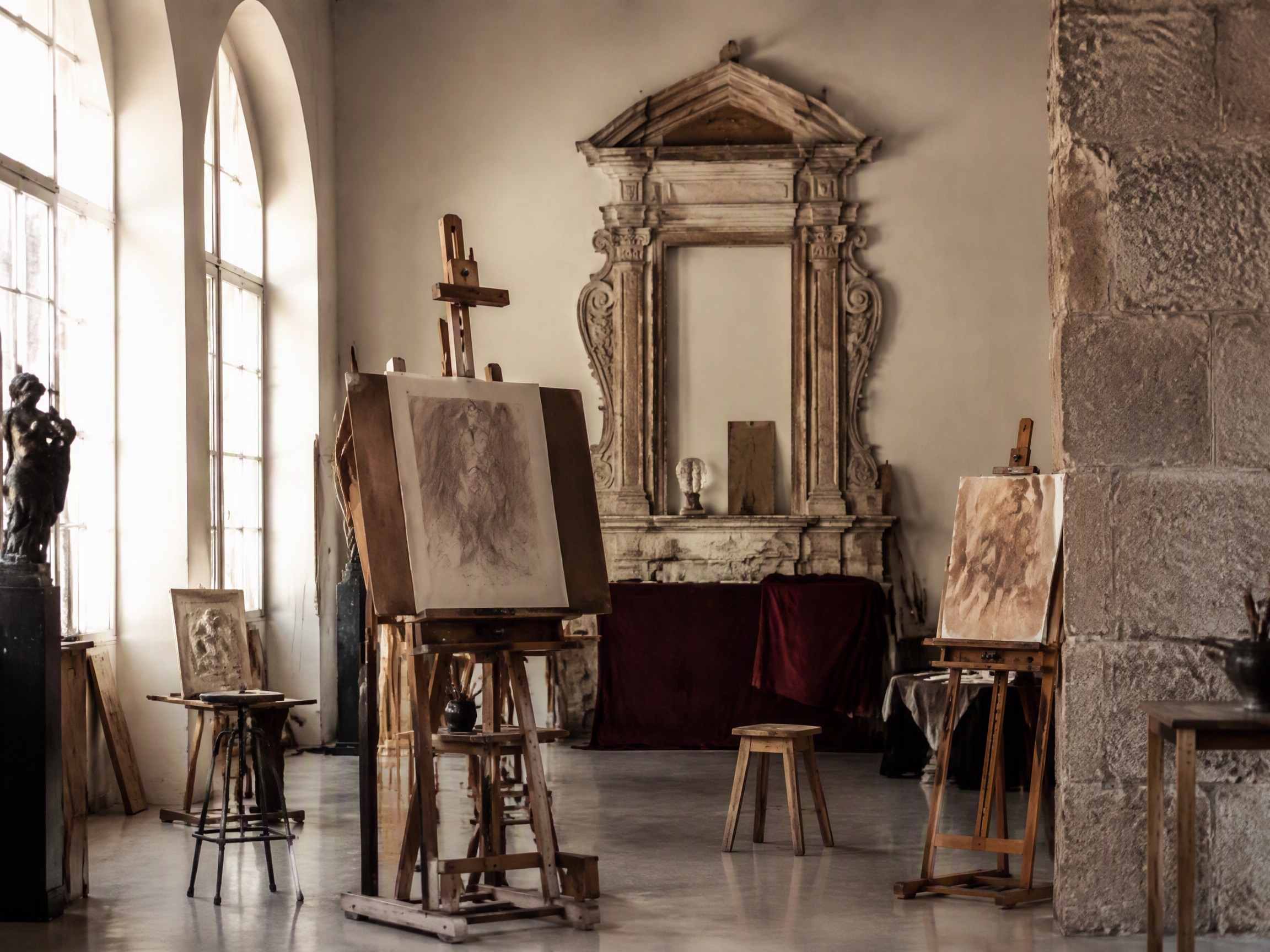 Atelier con cavalletti e grandi finestre