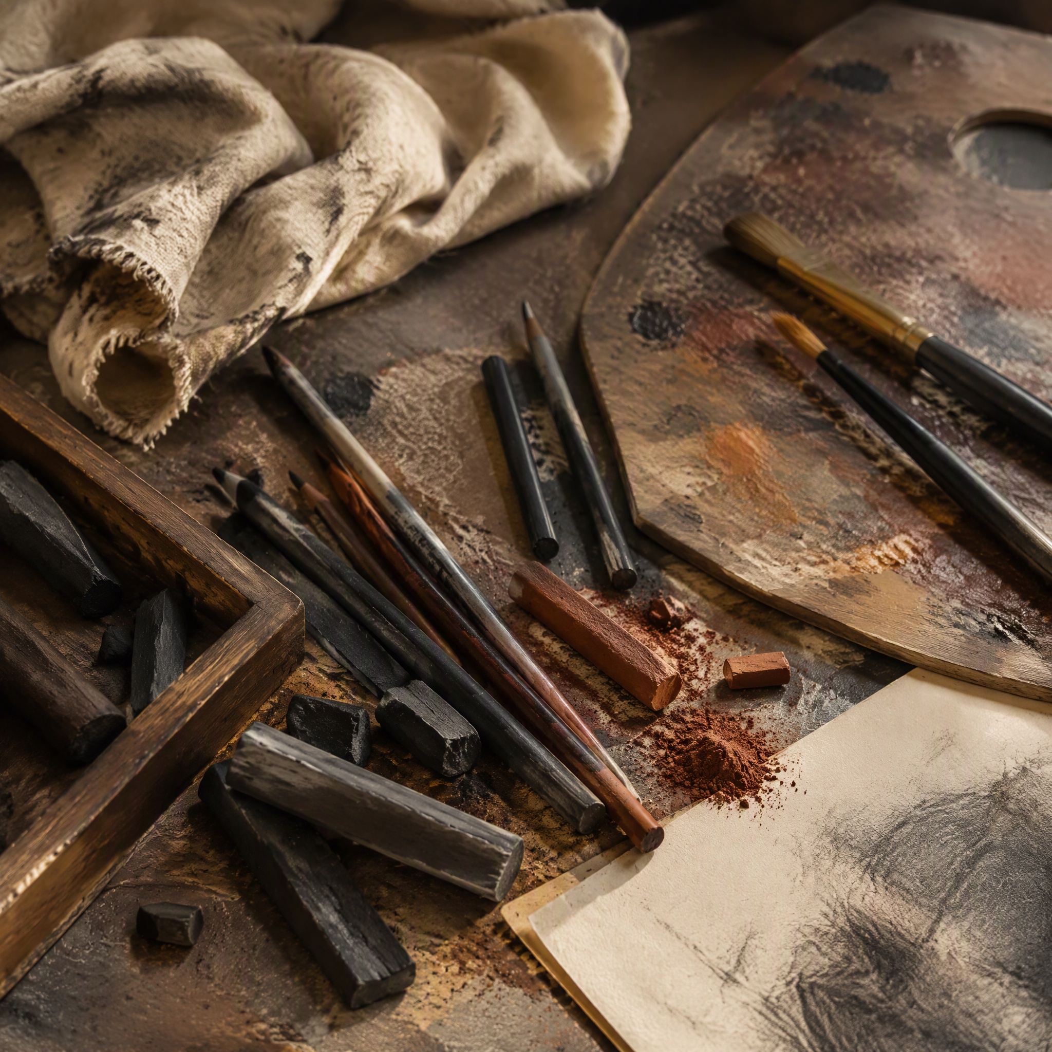 Materiali artistici su un tavolo da lavoro