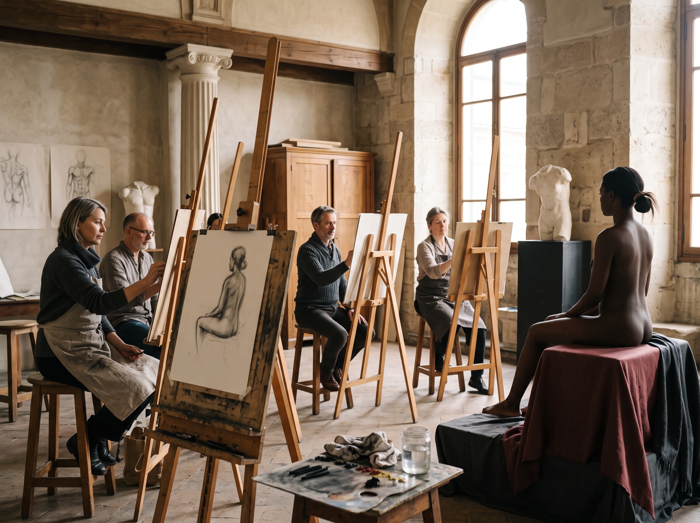 Sessione di disegno dal vero con modello in atelier